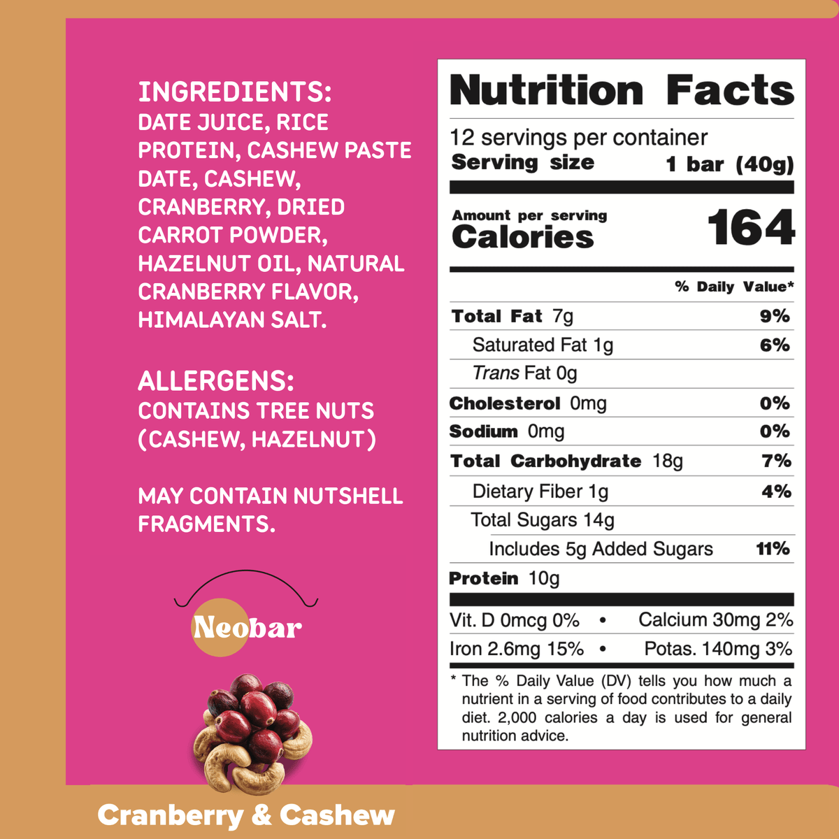 NEOBAR 10g Plant-Based Protein Cranberry & Cashew Bars | 12 Count - Neobar - Protein Bar