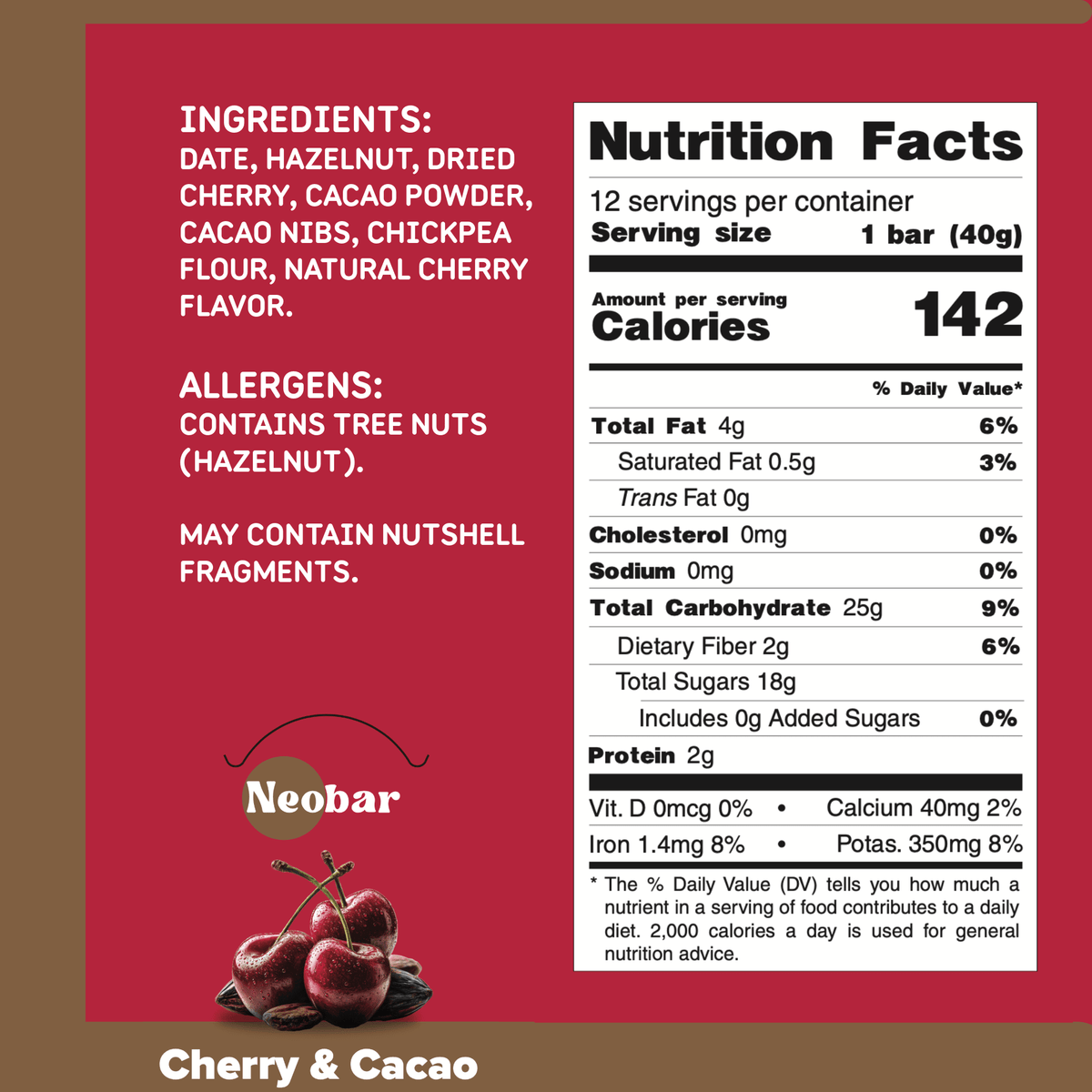 NEOBAR Cherry & Cacao Plant-Based Healthy Nut and Fruit Snack Bars | 12 Count - Neobar - Energy Bar